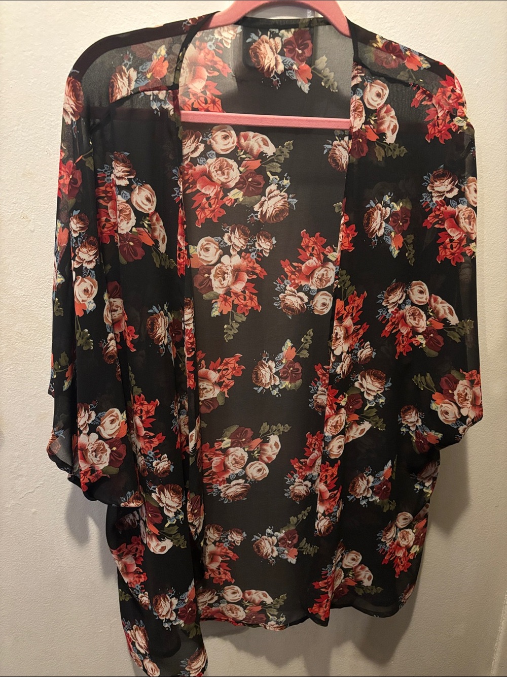 Floral Sheer Kimono Jacket - Black with Red & Cream Flowers